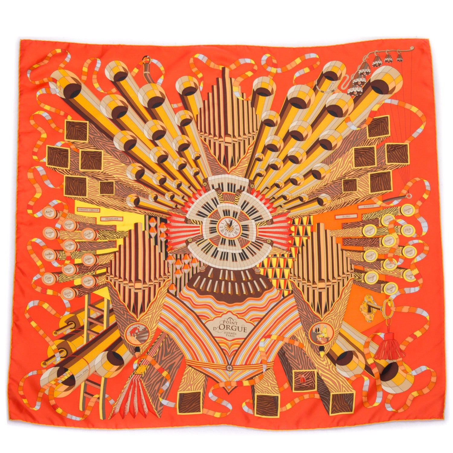 Hermes Silk Point D’Orgue Scarf 90 Orange Brun Jaune 2 of 6