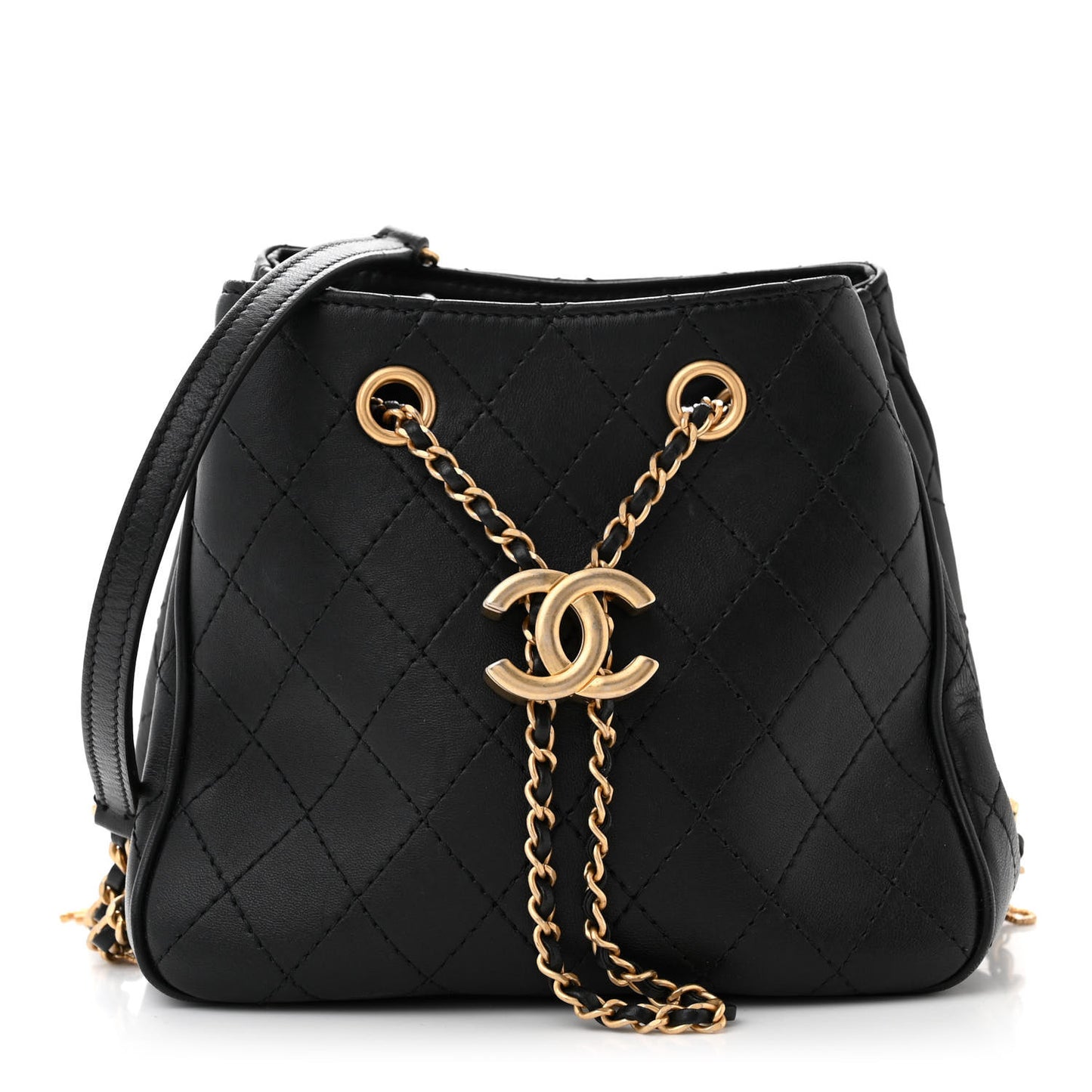 Calfskin Stitched Small Egyptian Amulet Drawstring Bag Black