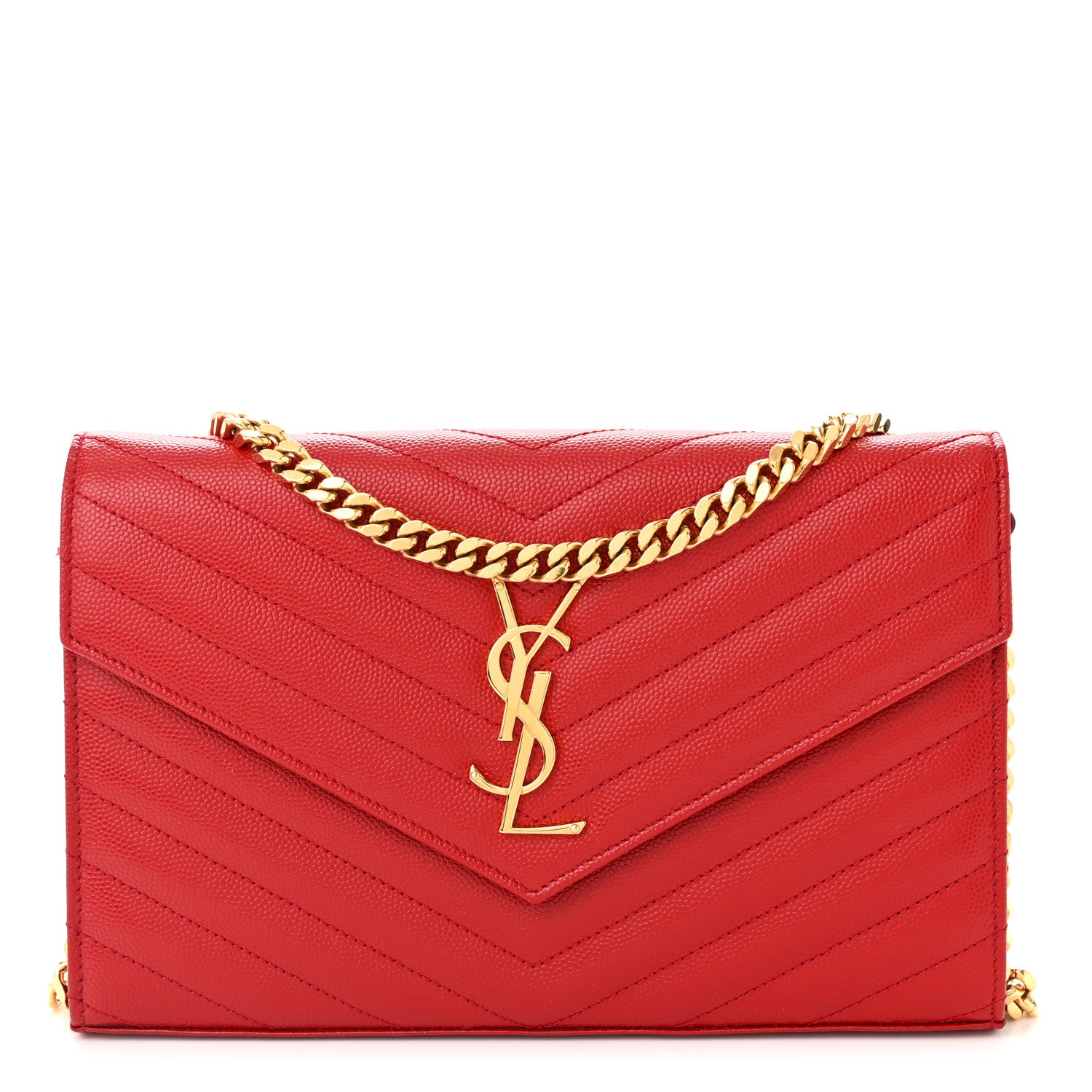 Saint Laurent Grain De Poudre Matelasse Chevron Monogram Chain Wallet Red 1 of 14