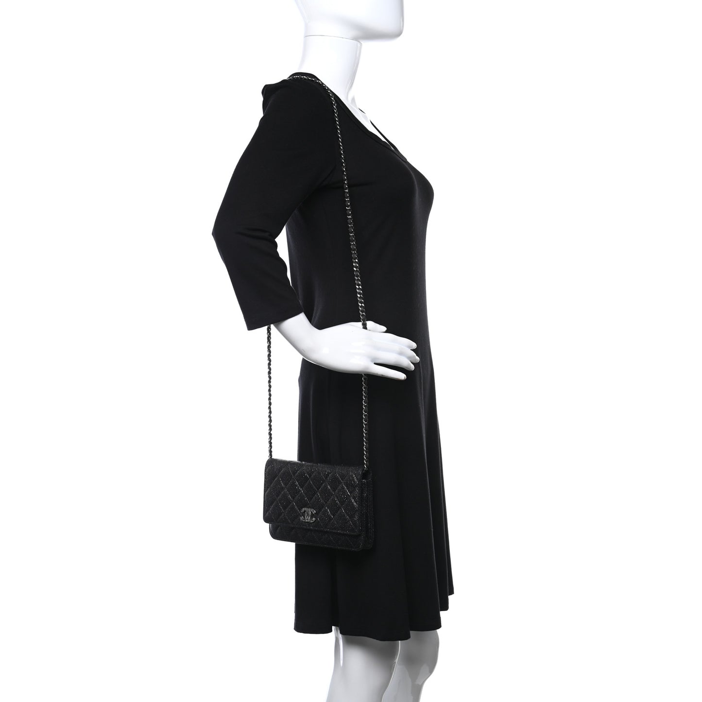 Glitter Calfskin Quilted Wallet on Chain WOC Black Silver