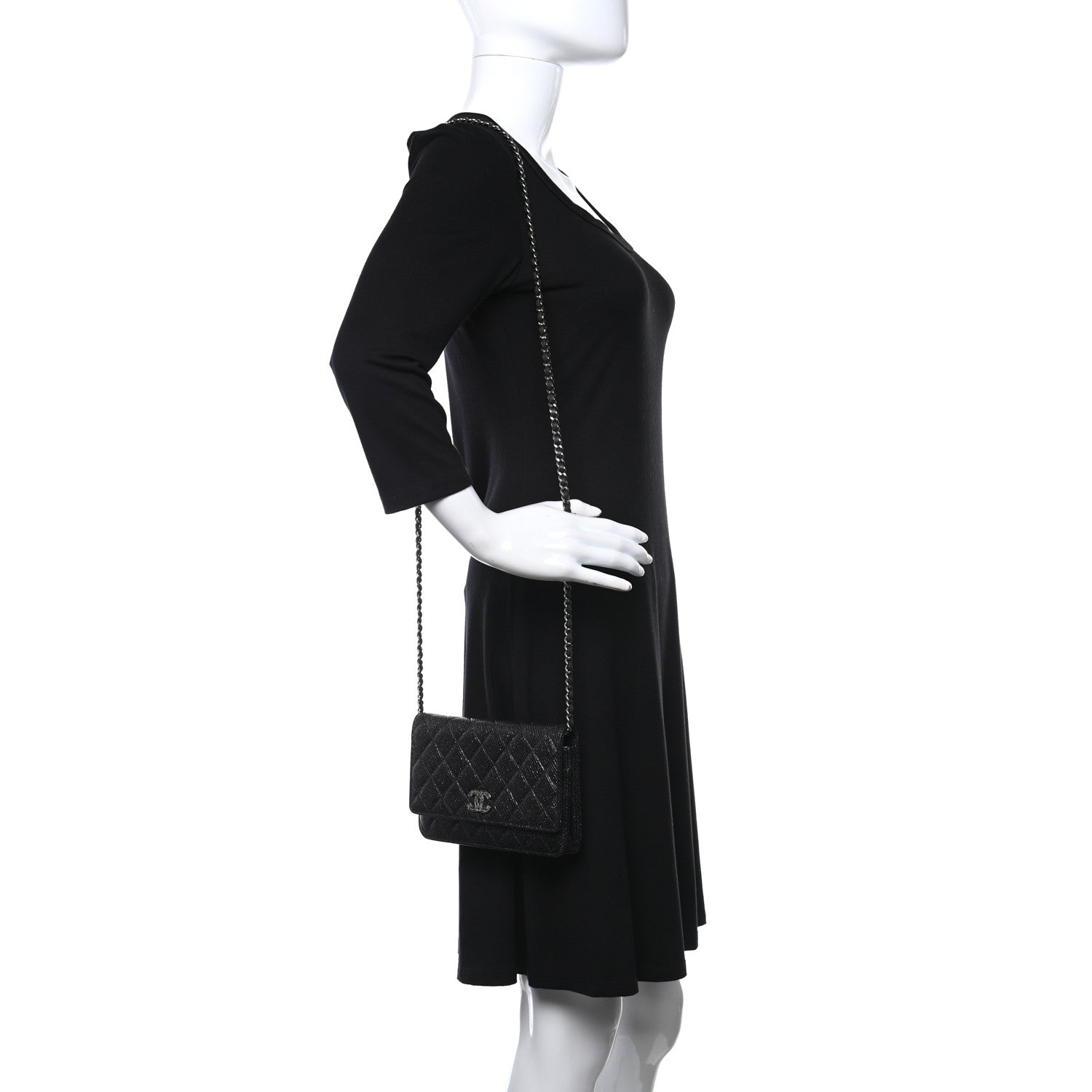 Chanel Glitter Calfskin Quilted Wallet on Chain WOC Black Silver 2 of 10
