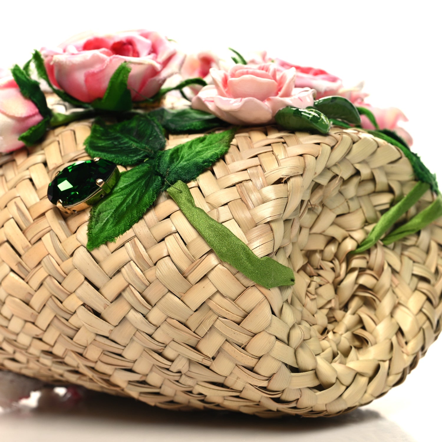 Dolce & Gabbana Woven Raffia Calfskin Rose Embellished Mini Kendra Tote Pink Multicolor 8 of 9