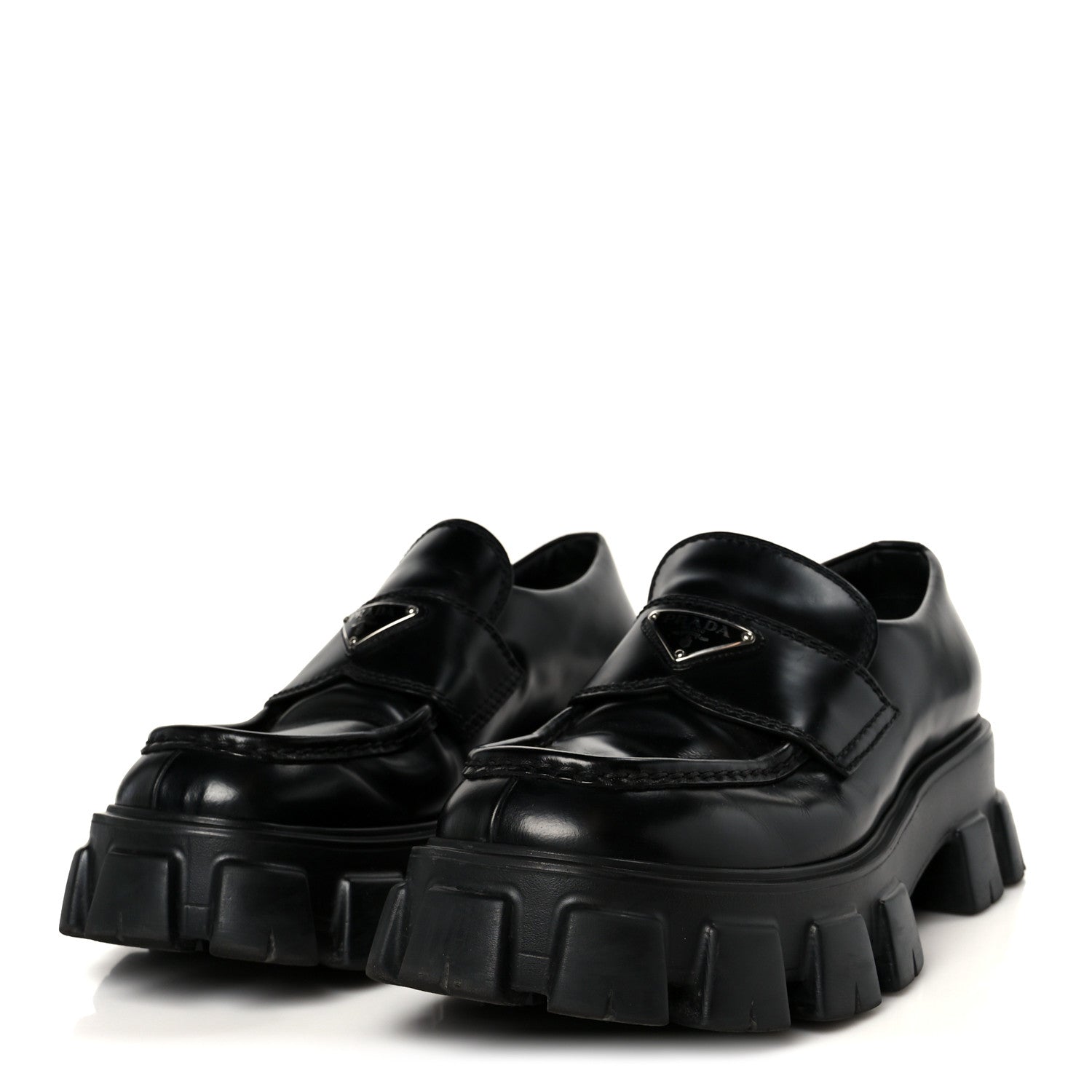 Prada Spazzolato Rois Metal Triangle Logo Mens Monolith 60mm Loafers 8.5 Black 4 of 10