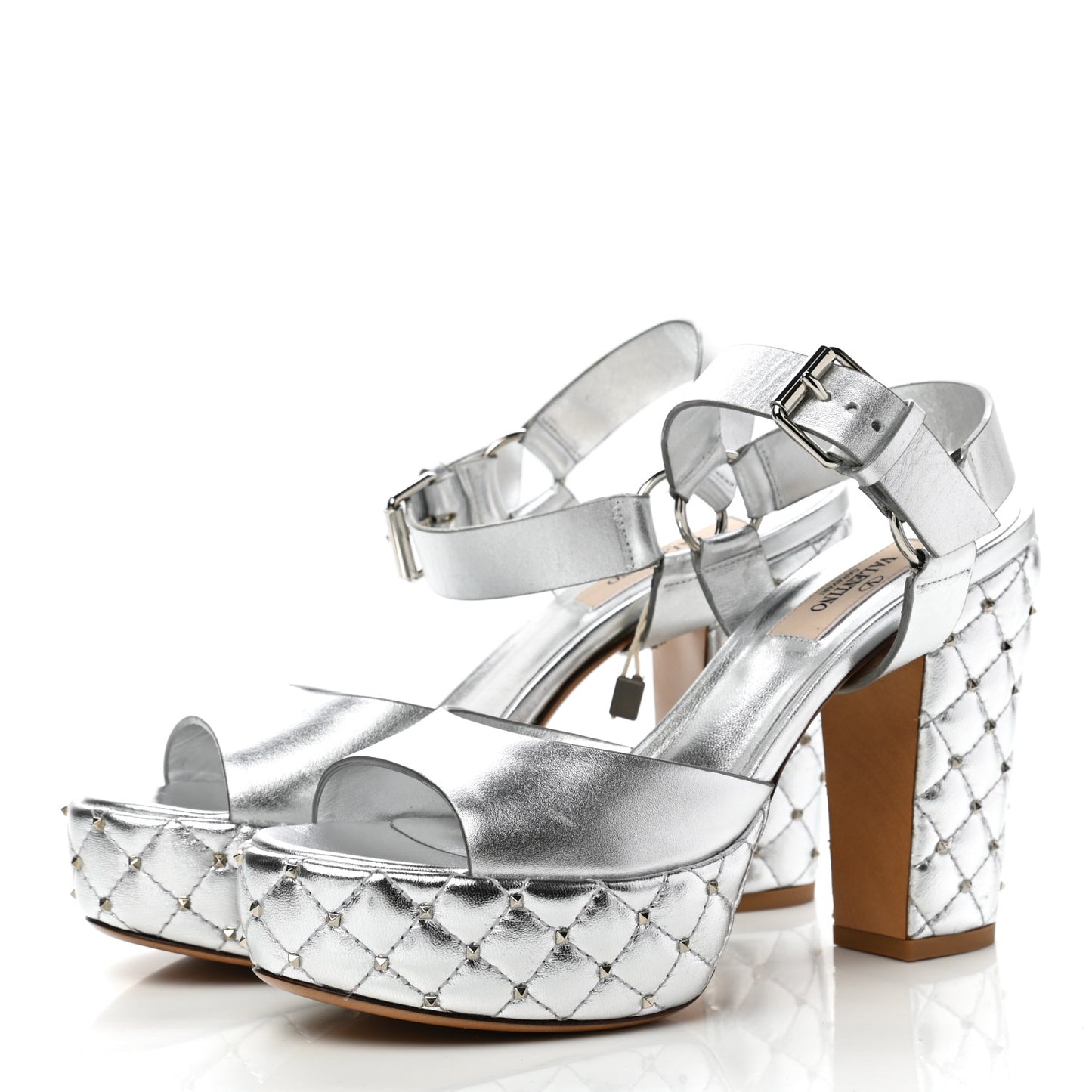 Metallic Nappa Quilted Rockstud Spike Platform Sandals 36 Silver