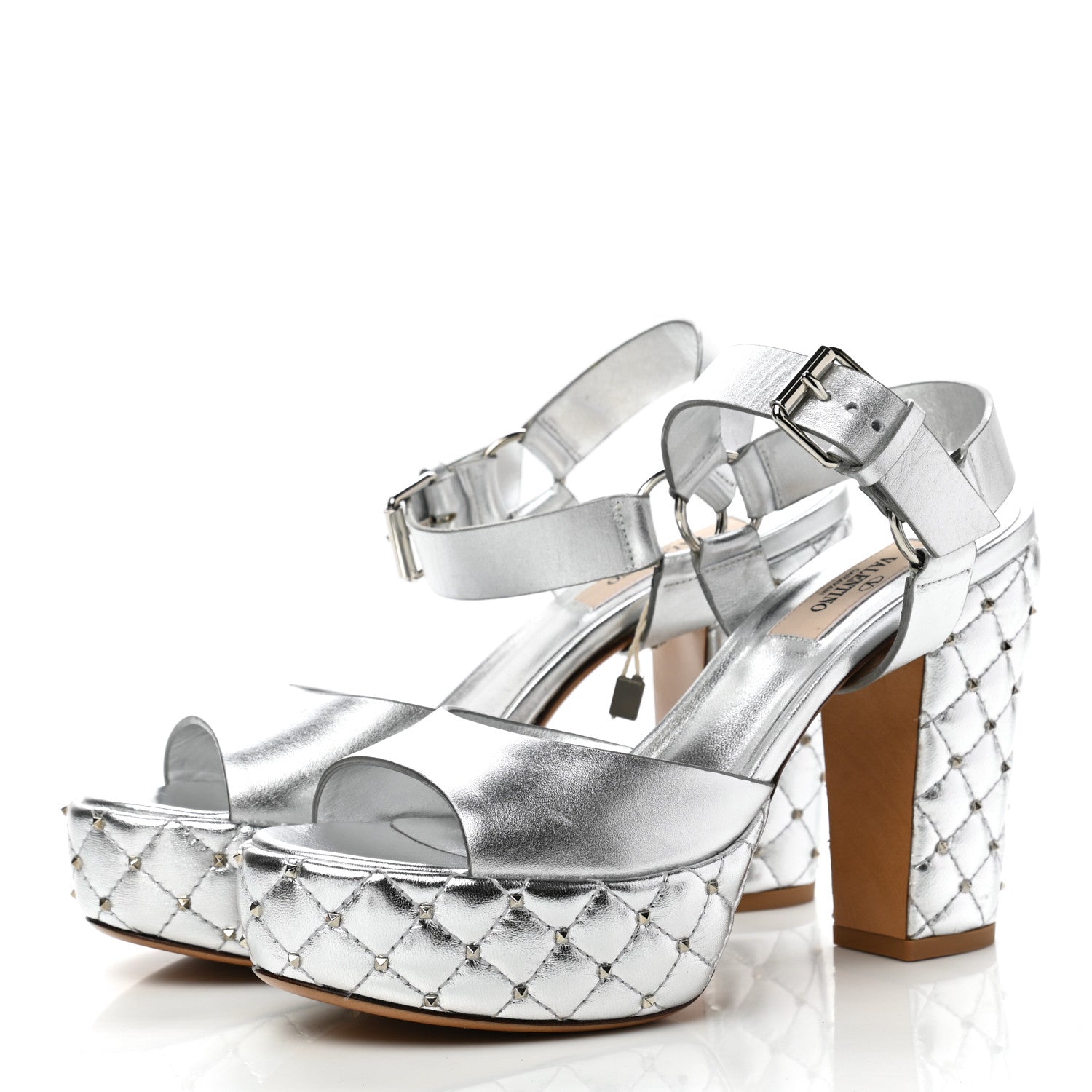Valentino Garavani Metallic Nappa Quilted Rockstud Spike Platform Sandals 36 Silver 3 of 11