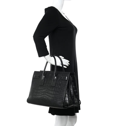 Saint Laurent Calfskin Crocodile Embossed Medium Supple Sac de Jour Black 2 of 11