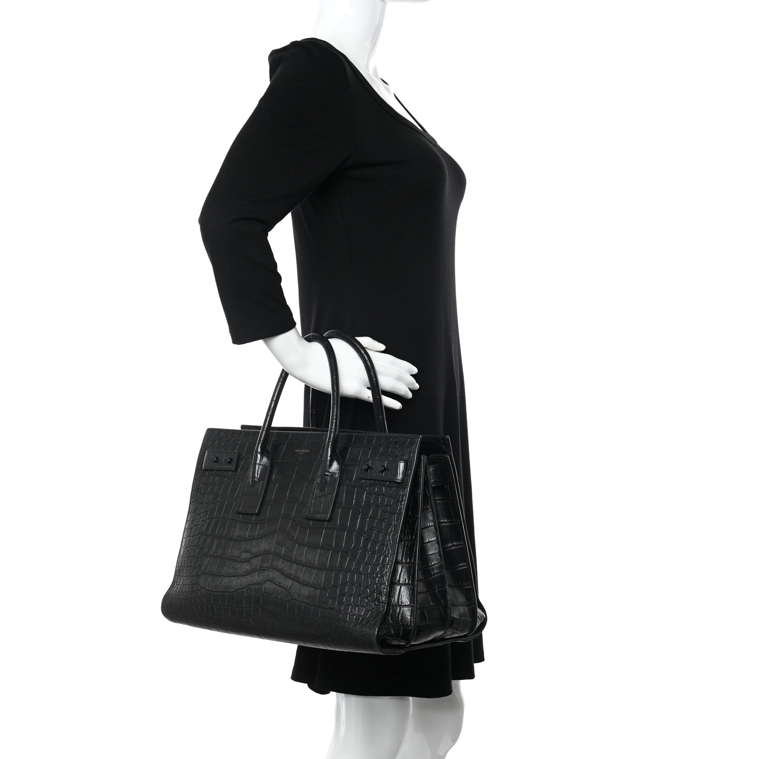 Saint Laurent Calfskin Crocodile Embossed Medium Supple Sac de Jour Black 2 of 14
