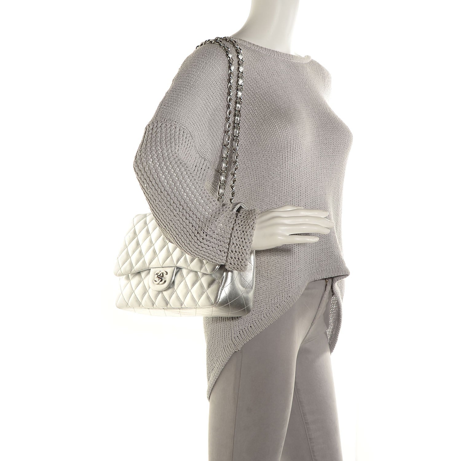 Chanel Metallic Lambskin Quilted Jumbo Single Flap Silver 2 of 8