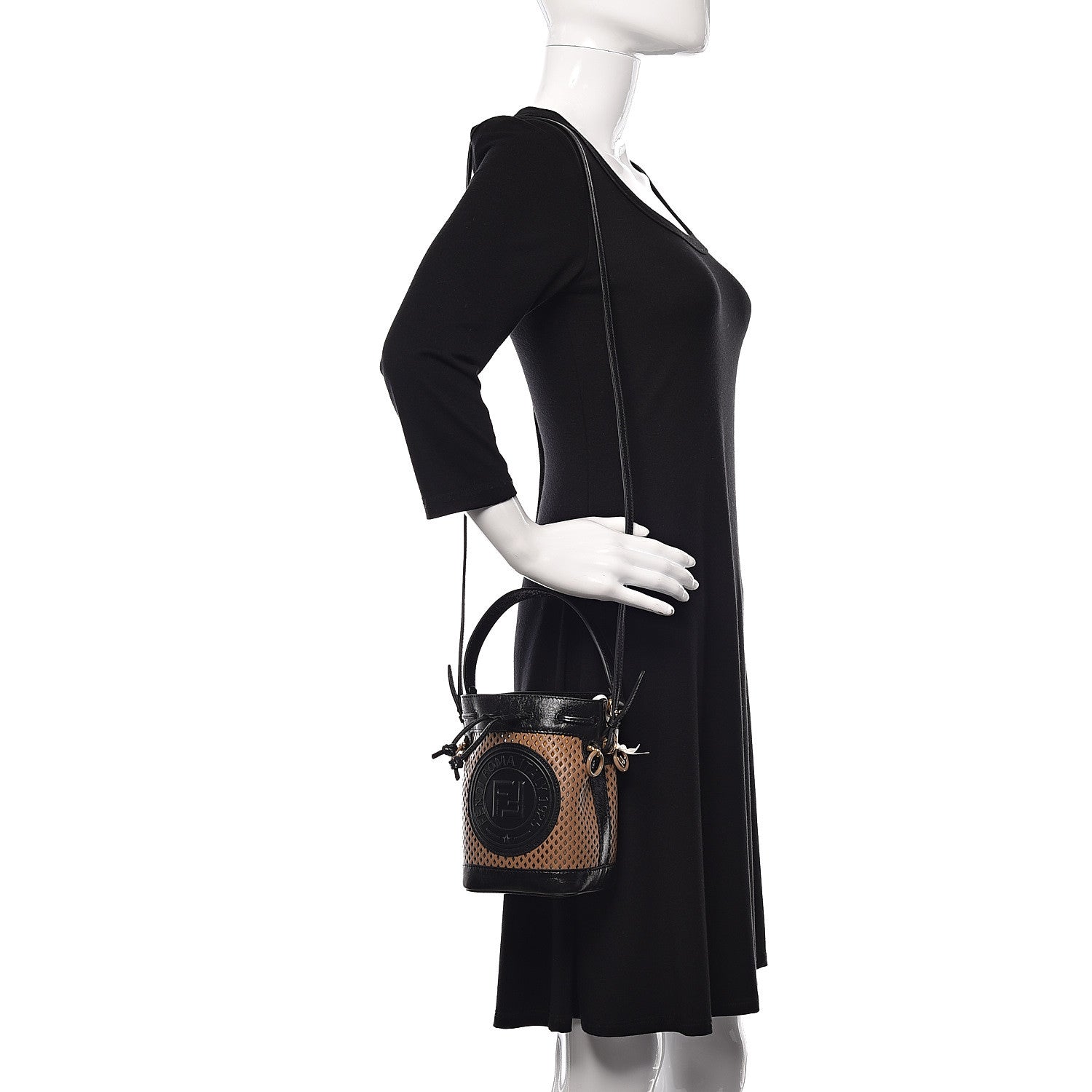 Fendi Vitello Liberty Glossy Lambskin F is Fendi Perforated Mini Mon Tresor Bucket Bag Sand Mimosa Black 2 of 9