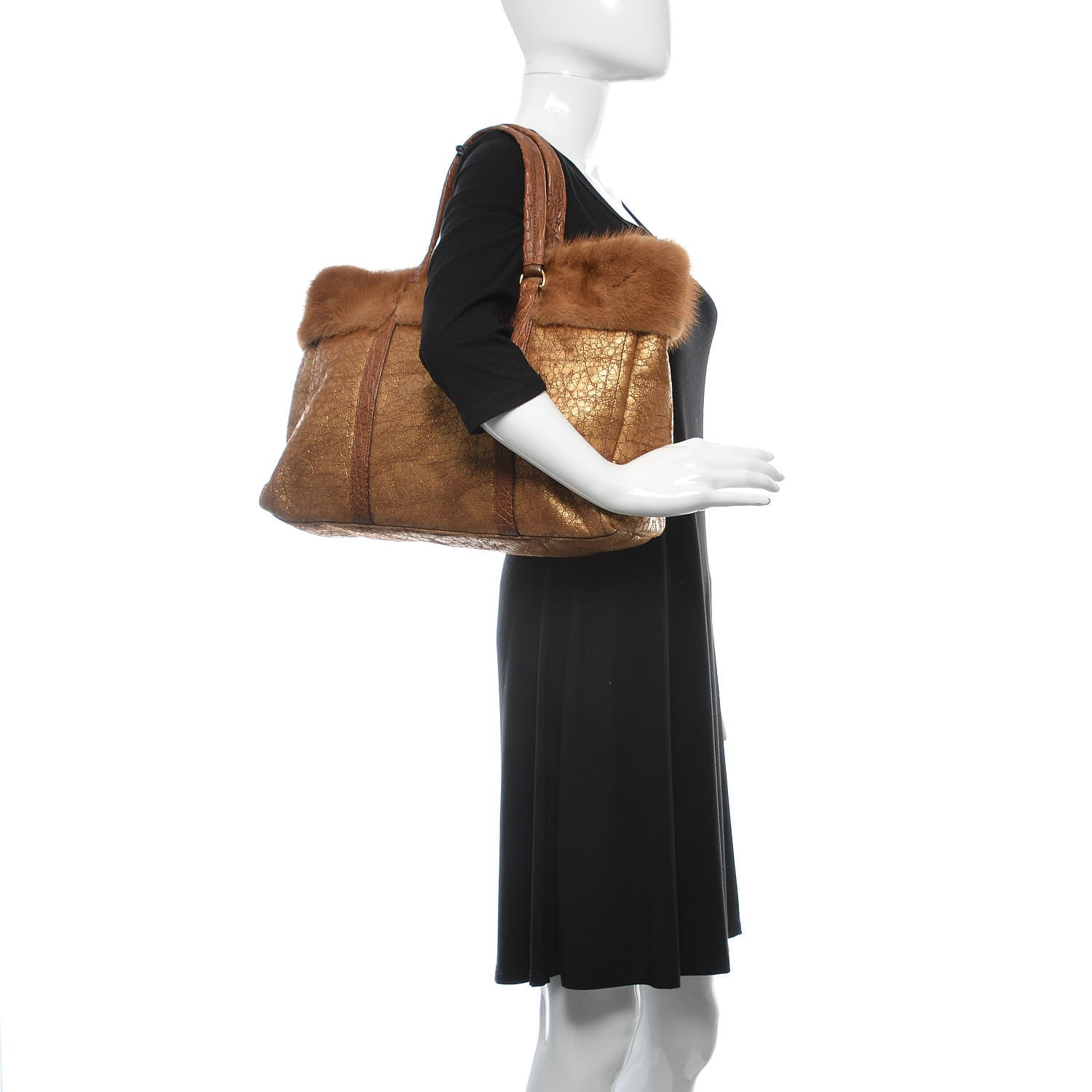 Prada Metallic Suede Mink Shearling Crocodile Embossed Tote Gold 2 of 9