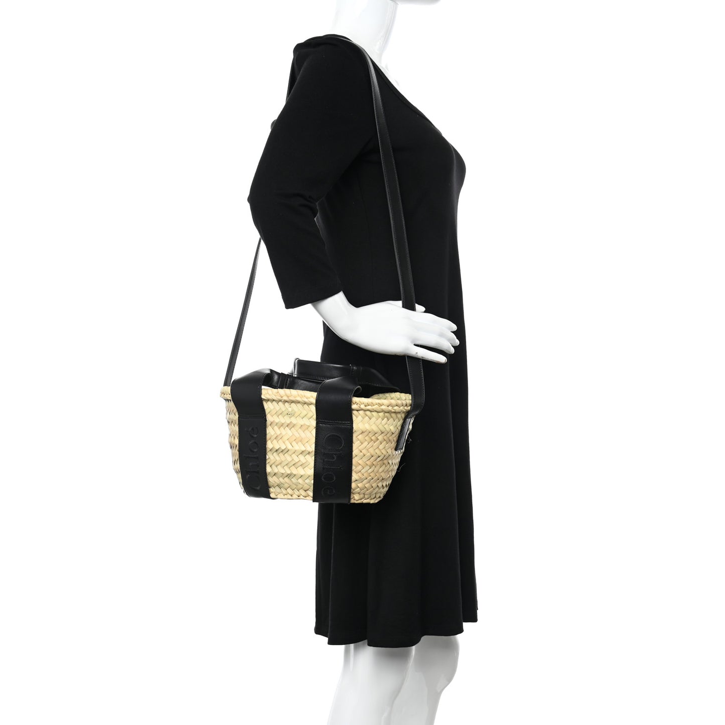 Raffia Smooth Calfskin Small Sense Basket Black