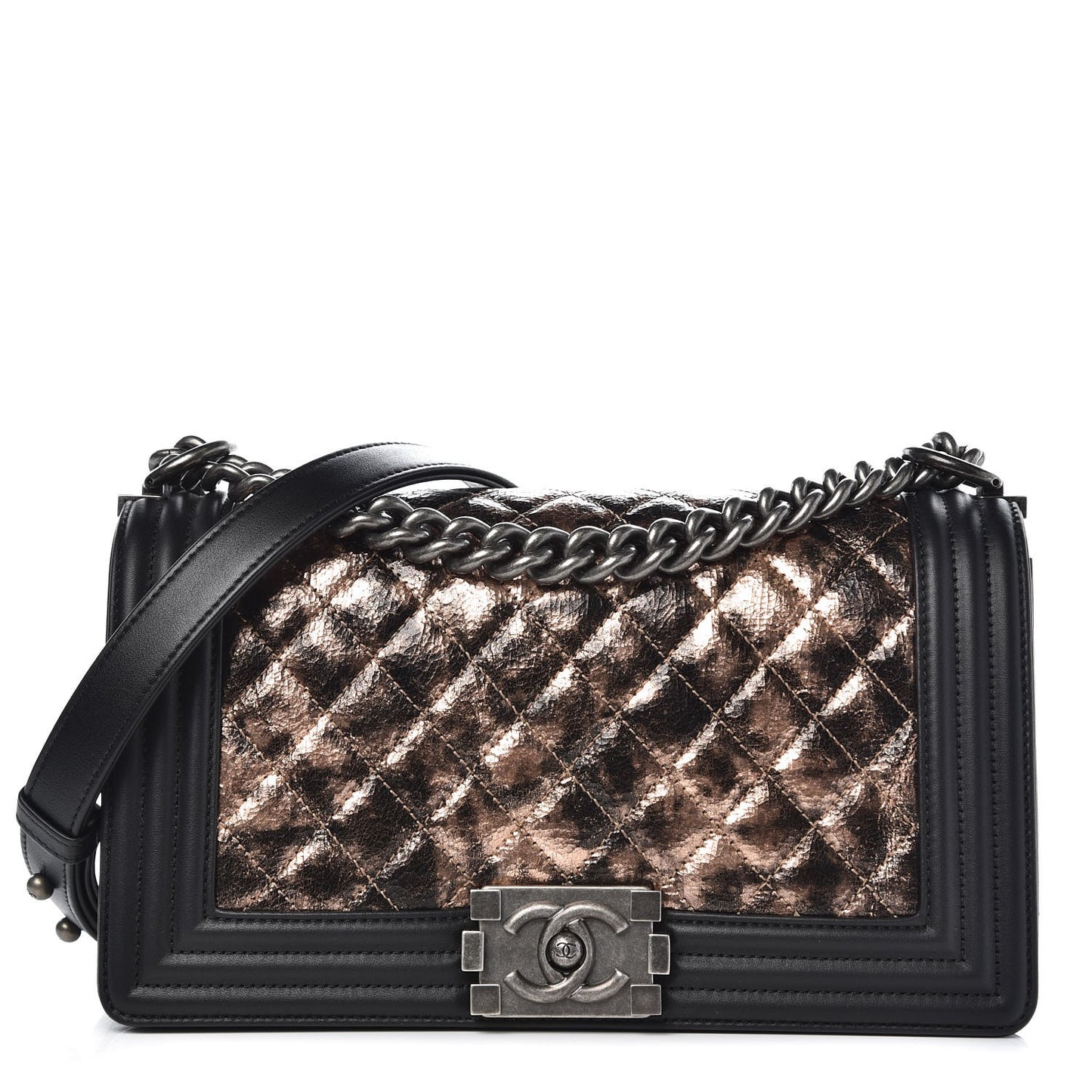 Cracked Metallic Calfskin Quilted Medium Boy Flap Black