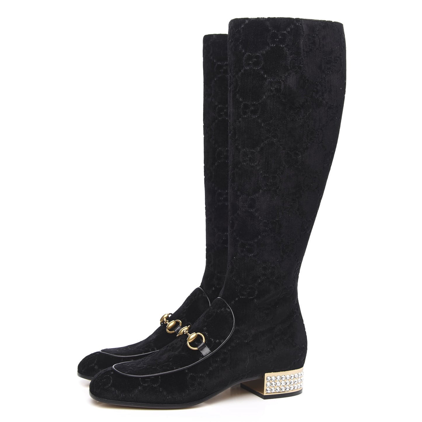 Velvet GG Monogram Crystal Horsebit Knee High Boots 39.5 Black