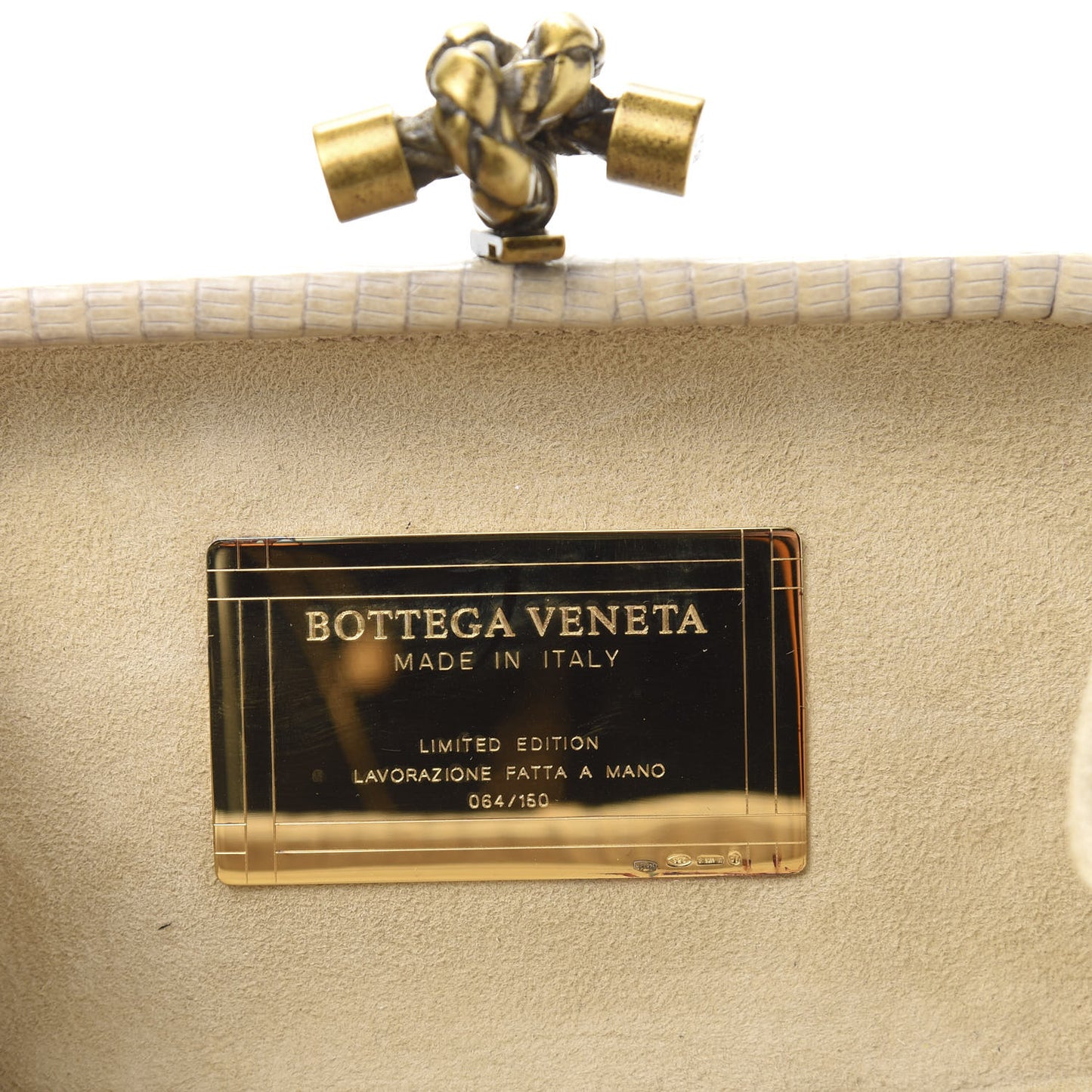 Lizard Studded Knot Clutch Light Beige