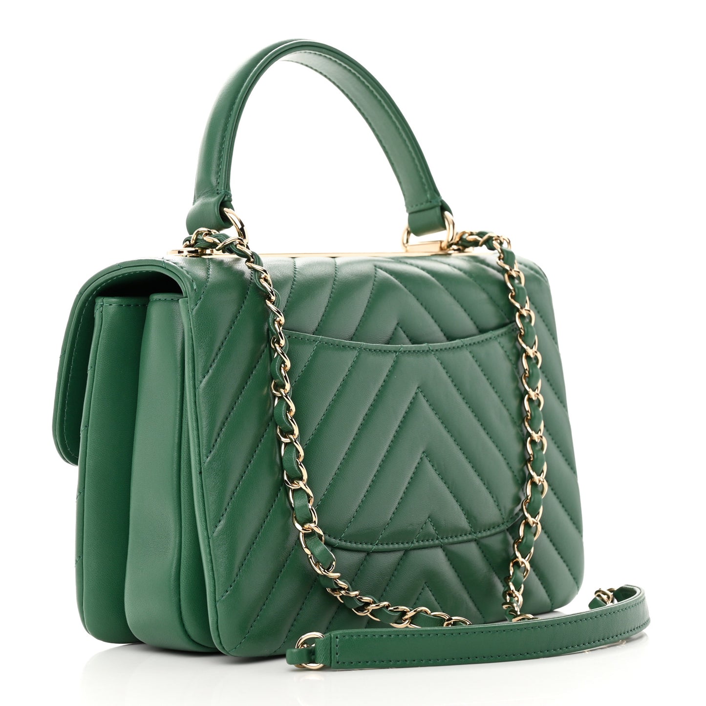 Lambskin Chevron Quilted Small Trendy CC Dual Handle Flap Bag Green