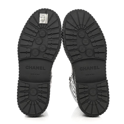 Chanel Calfskin Grosgrain Quilted Lace Up Boots 37.5 Black Grey 5 of 9