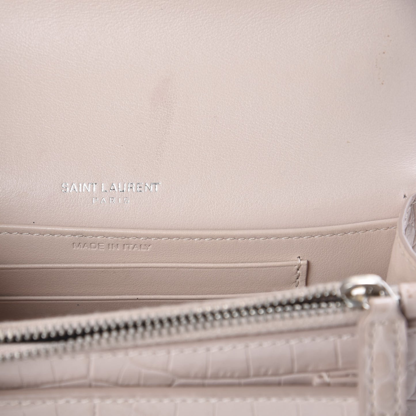 Calfskin Crocodile Embossed Monogram Sunset Chain Wallet Marble Pink