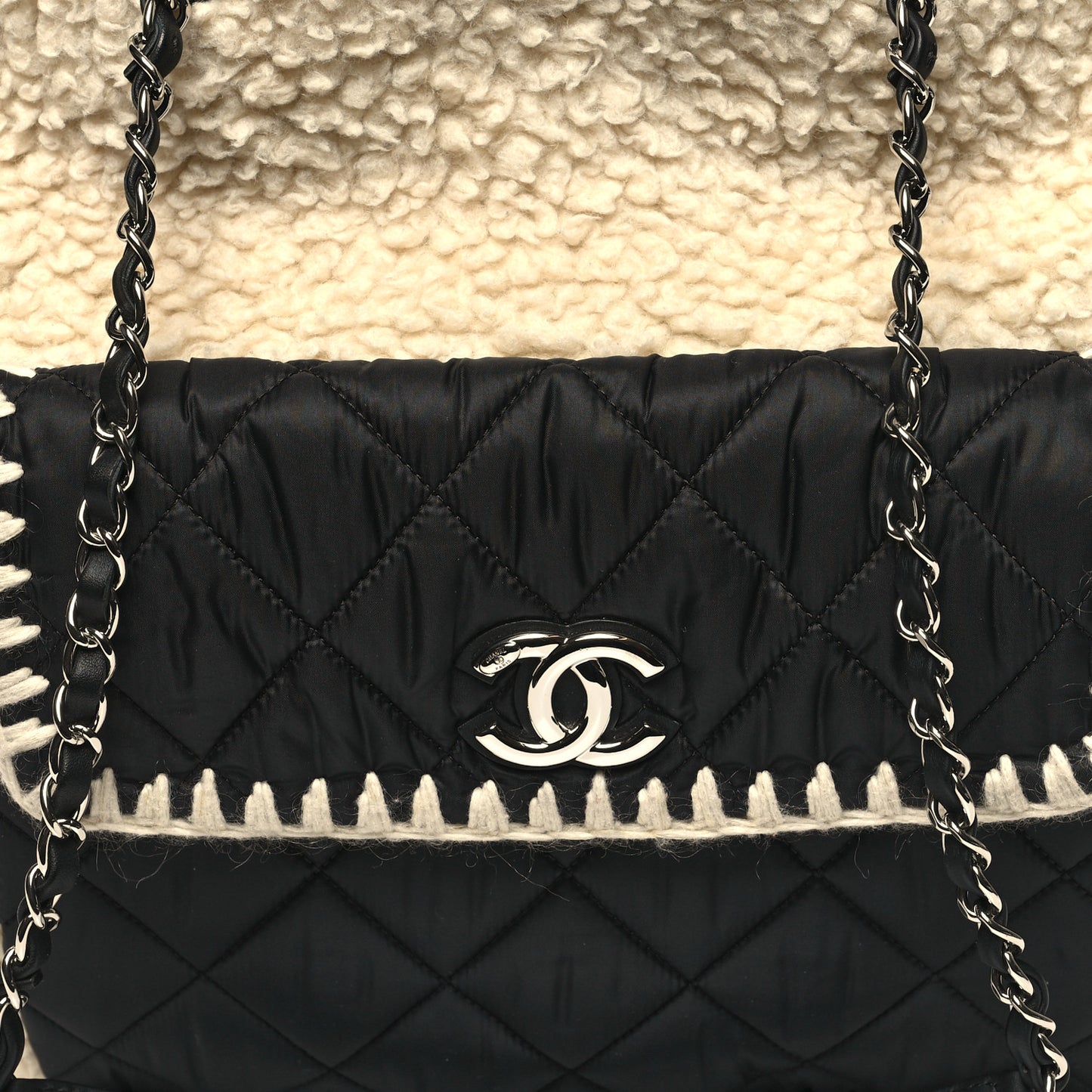 Wool Nylon Quilted Coco Neige Tote Black Ecru