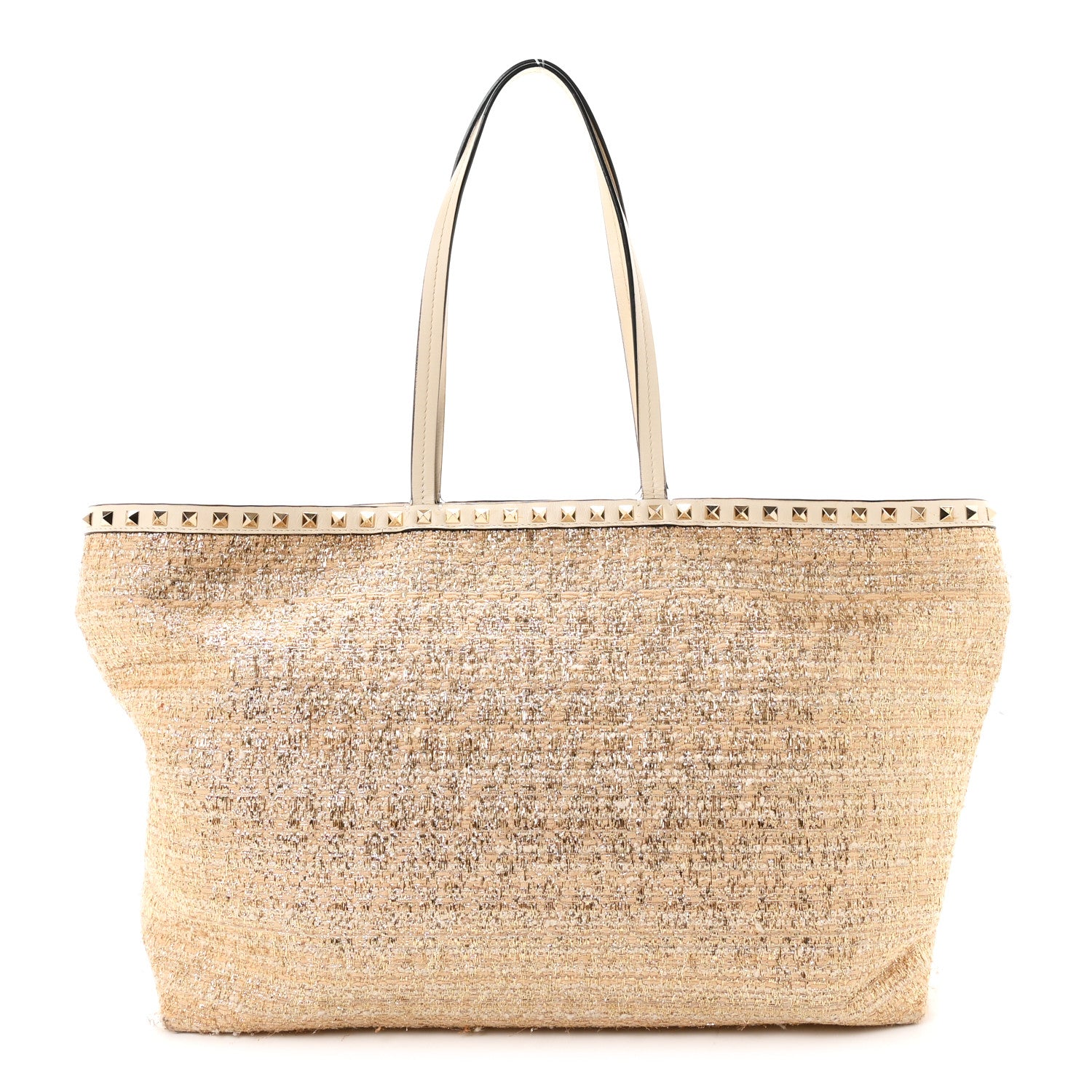 Valentino Garavani Metallic Boucle Raffia Calfskin Rockstud Shoulder Tote White Gold Ivory 1 of 9