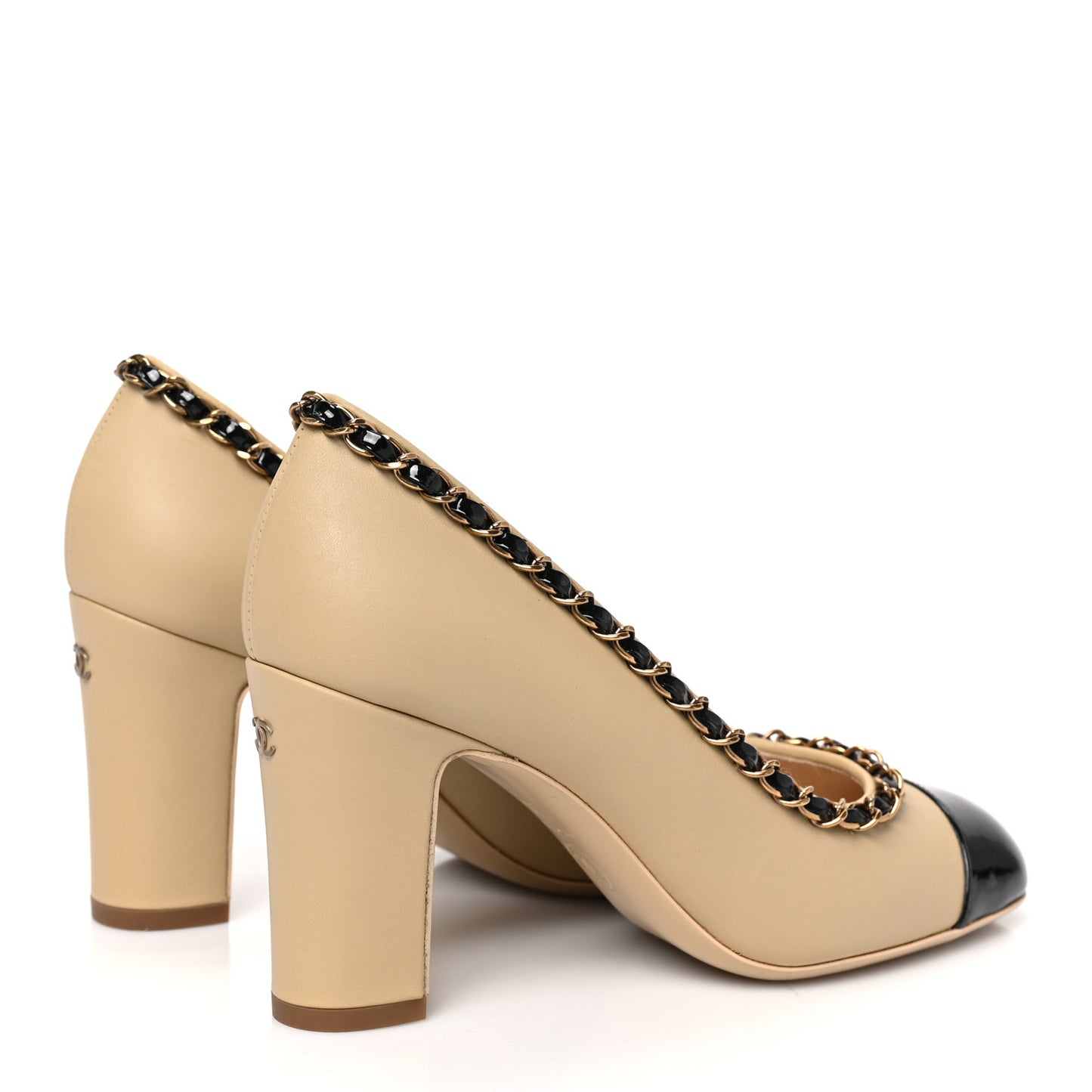 Calfskin Patent Calfskin Chain Cap Toe Pumps 35 Beige Black