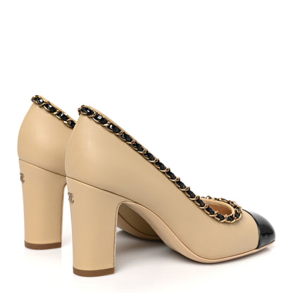 Chanel Calfskin Patent Calfskin Chain Cap Toe Pumps 35 Beige Black 4 of 8
