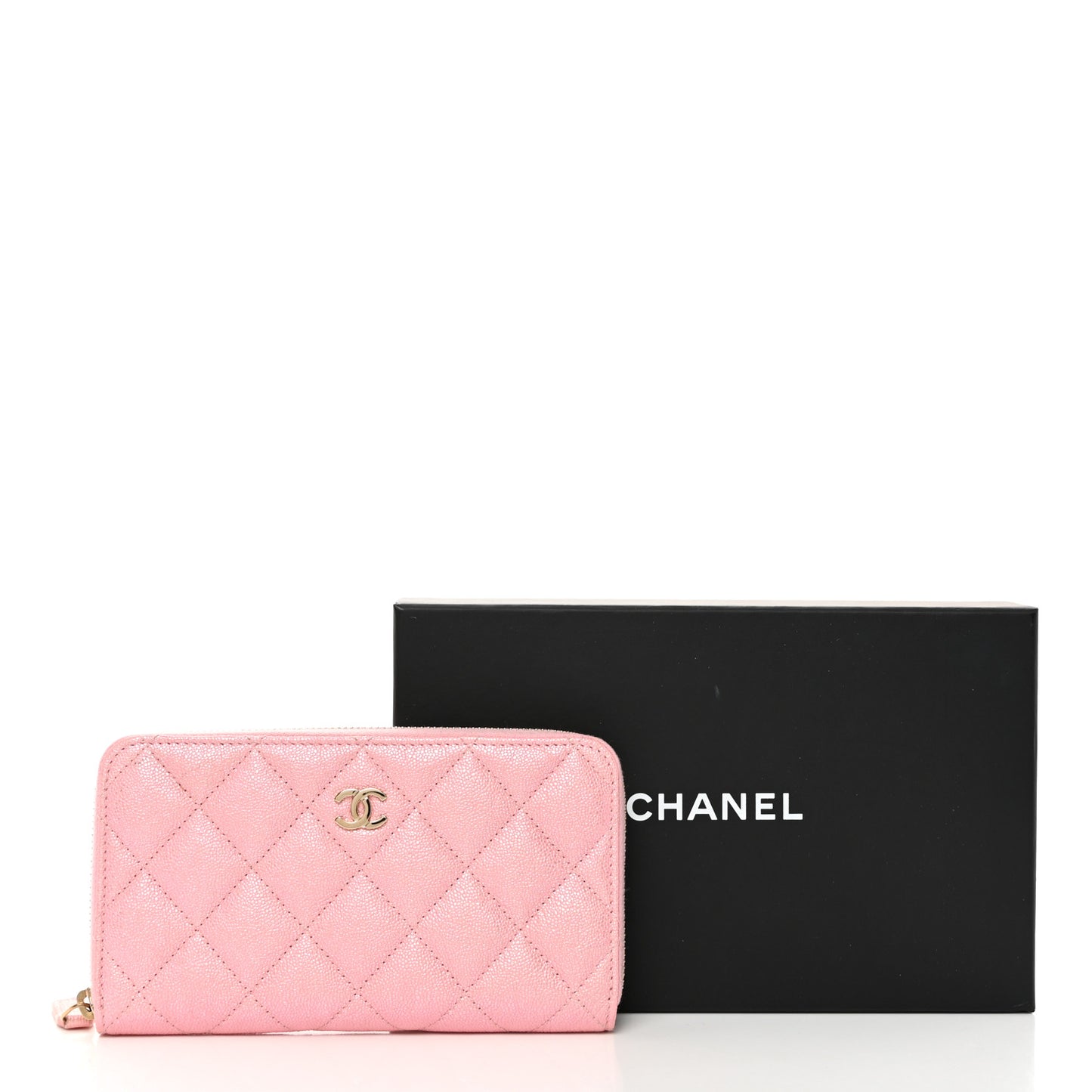 Iridescent Caviar Quilted Medium Zip Around Wallet Pink