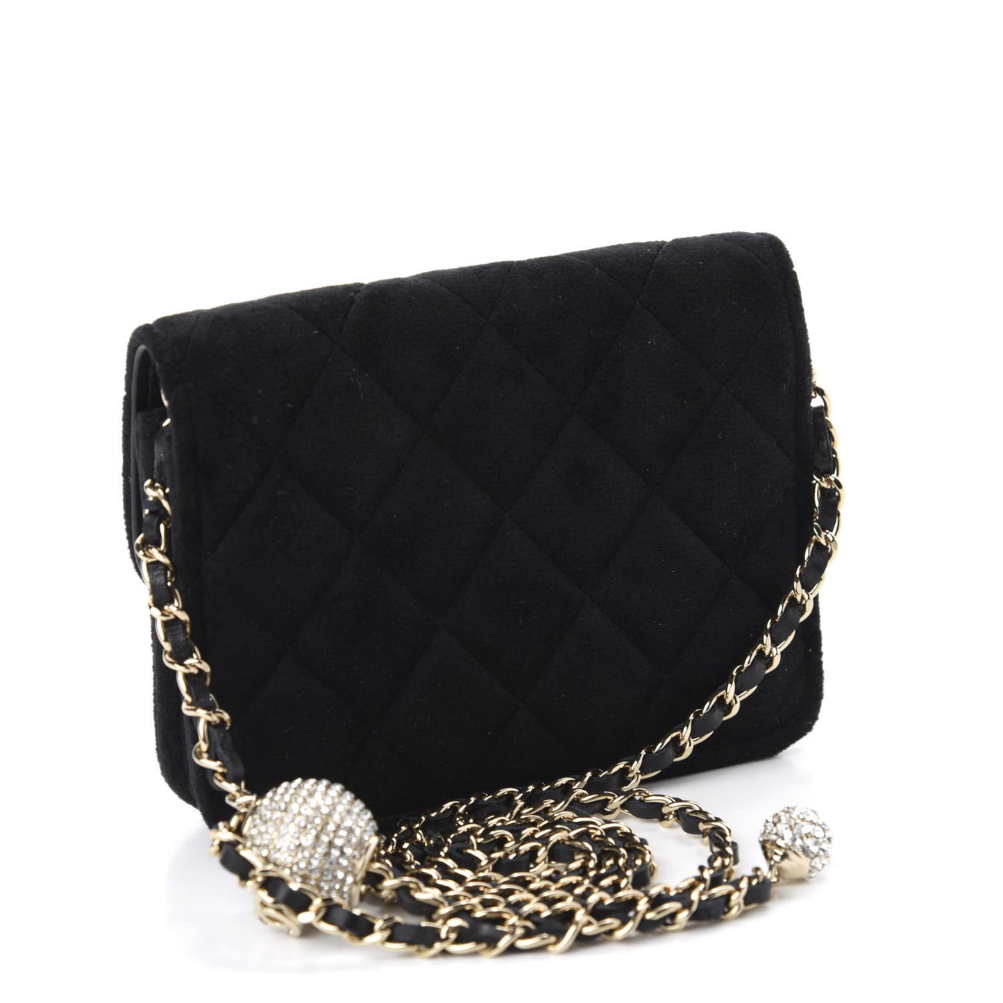 Velvet Quilted Pearl Crush Clutch With Chain Black