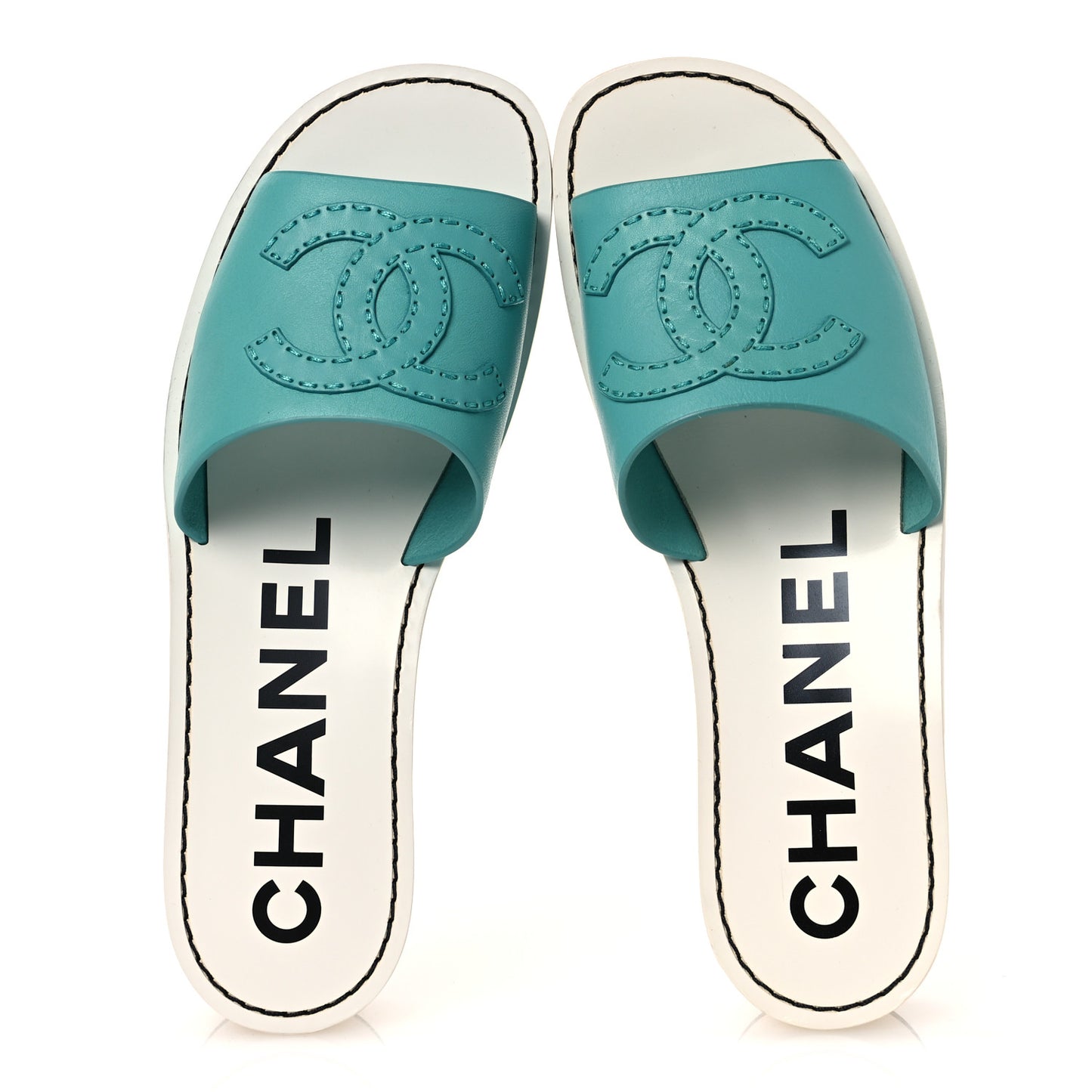 Calfskin CC Mules 38.5 Turquoise White
