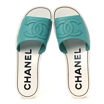 Chanel Calfskin CC Mules 38.5 Turquoise White 2 of 12