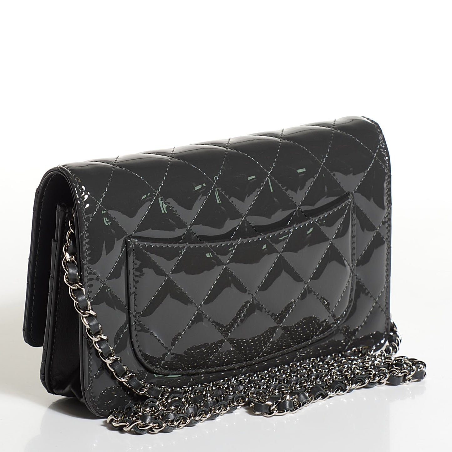 Patent Quilted Wallet On Chain WOC Dark Grey