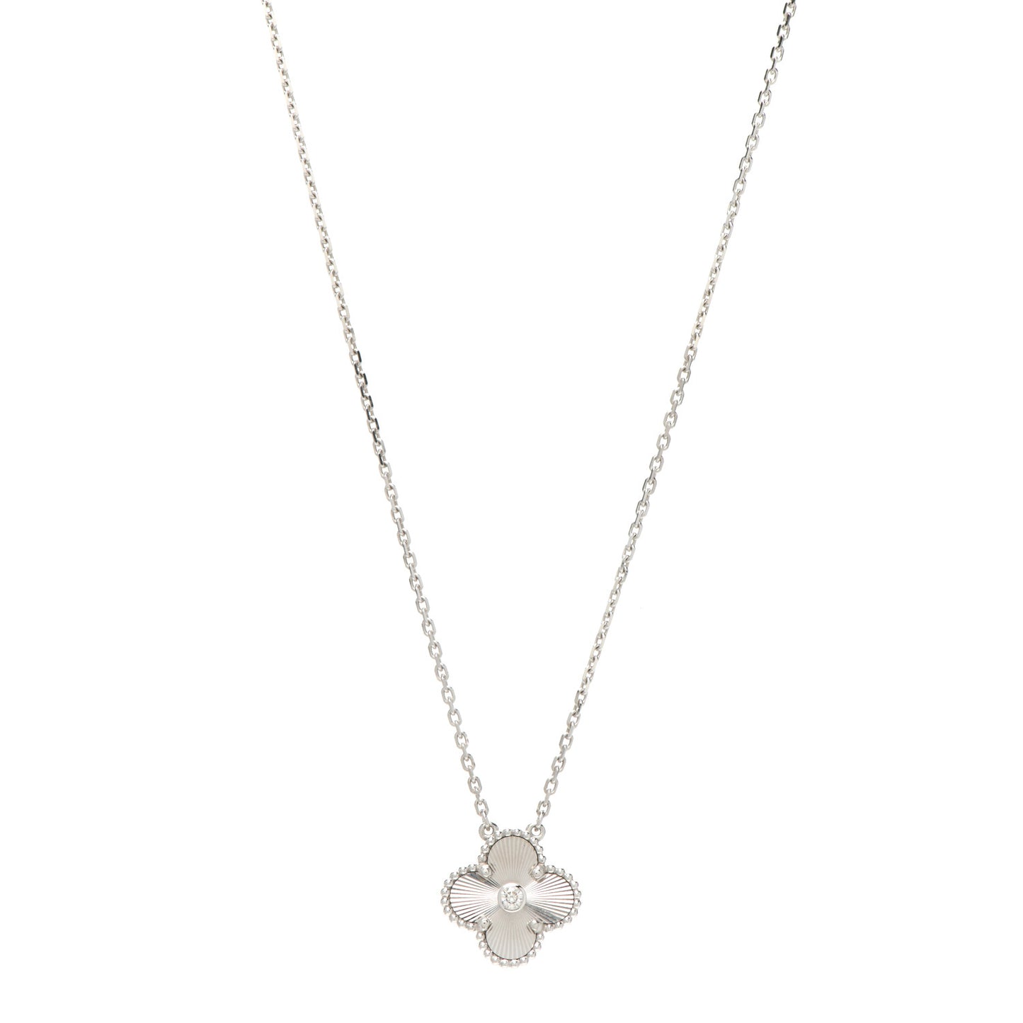 18K White Gold Diamond Guilloche Vintage Alhambra Pendant Necklace