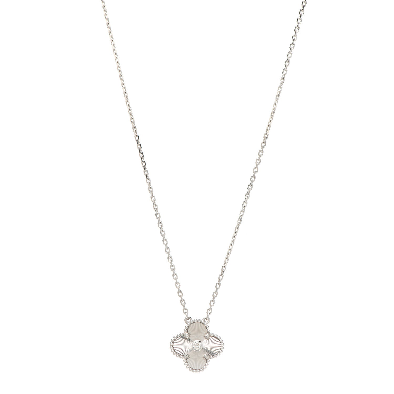 Van Cleef & Arpels 18K White Gold Diamond Guilloche Vintage Alhambra Pendant Necklace 1 of 8