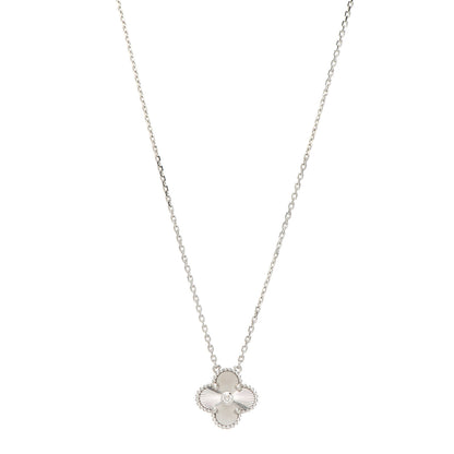 Van Cleef & Arpels 18K White Gold Diamond Guilloche Vintage Alhambra Pendant Necklace 1 of 8