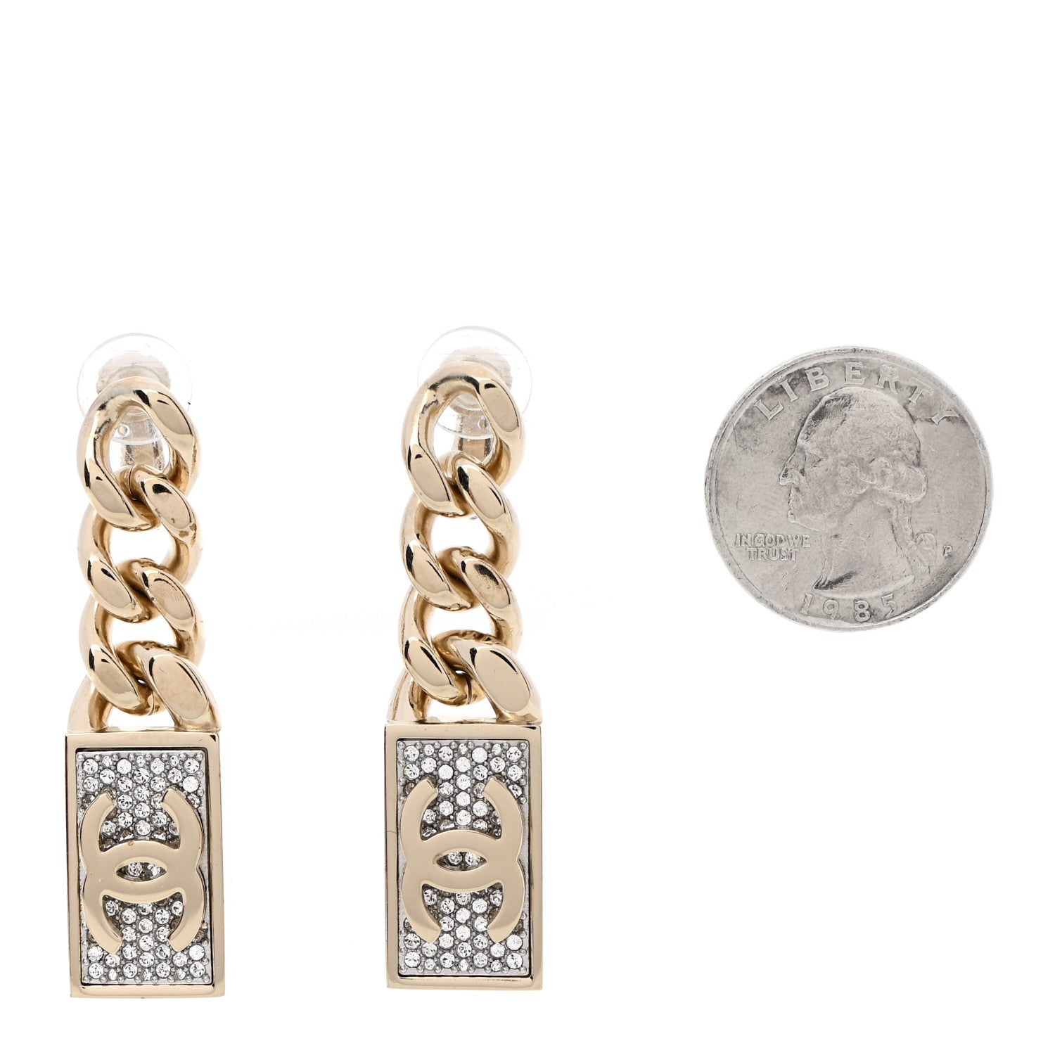 Chanel Crystal Dog Tag Charm Earrings Gold 2 of 5