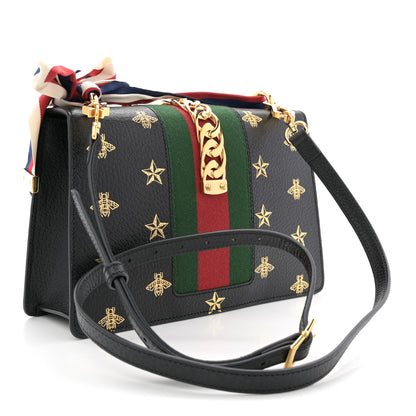 Gucci Textured Calfskin Bee Star Print Small Sylvie Shoulder Bag Black Black 3 of 10