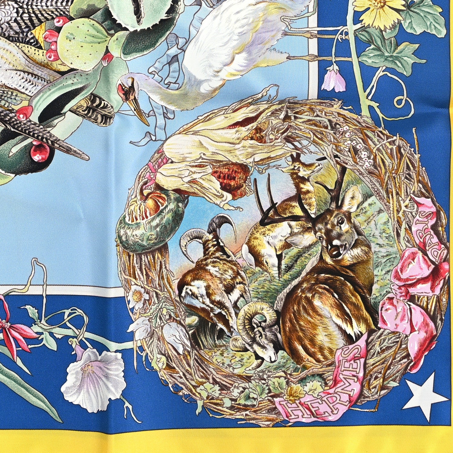 Hermes Silk Faune Et Flore Du Texas Scarf 90 Jaune Vif Bleu Azur Multicolor 2 of 3
