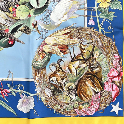 Hermes Silk Faune Et Flore Du Texas Scarf 90 Jaune Vif Bleu Azur Multicolor 2 of 3