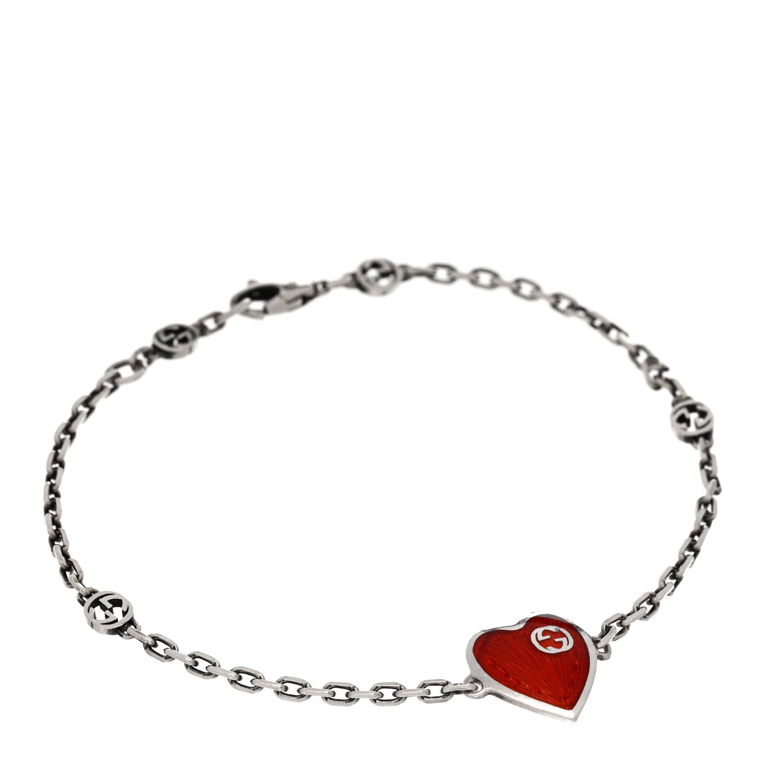 Gucci Sterling Silver Enamel Heart Chain Bracelet Red 1 of 4