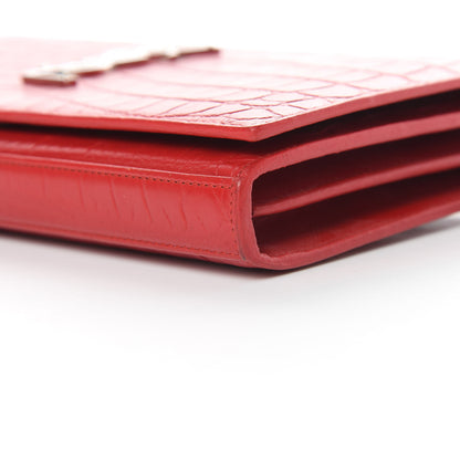Saint Laurent Calfskin Crocodile Embossed Monogram Chain Wallet New Red 11 of 13