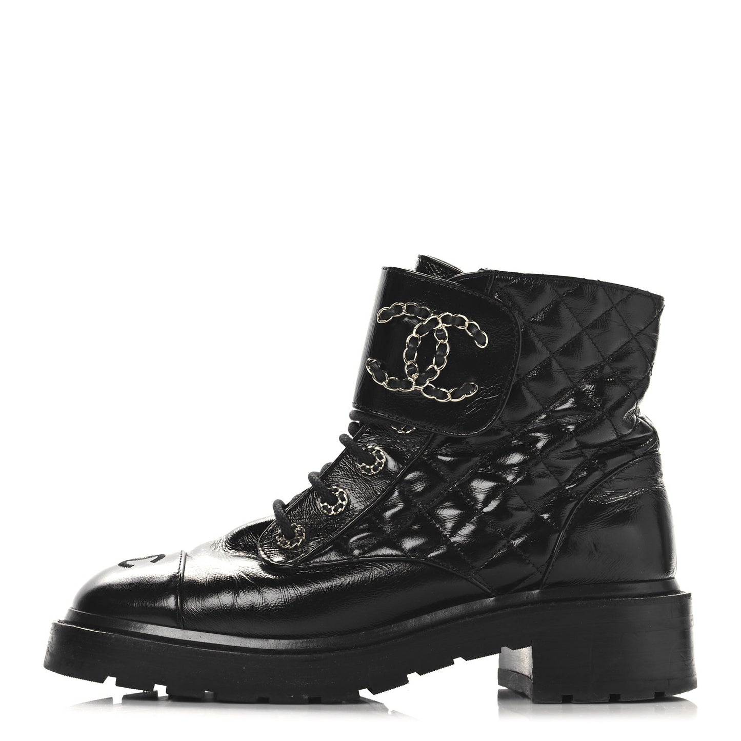 Crumpled Patent Lambskin Calfskin Quilted Lace Up Combat Boots 39.5 Black