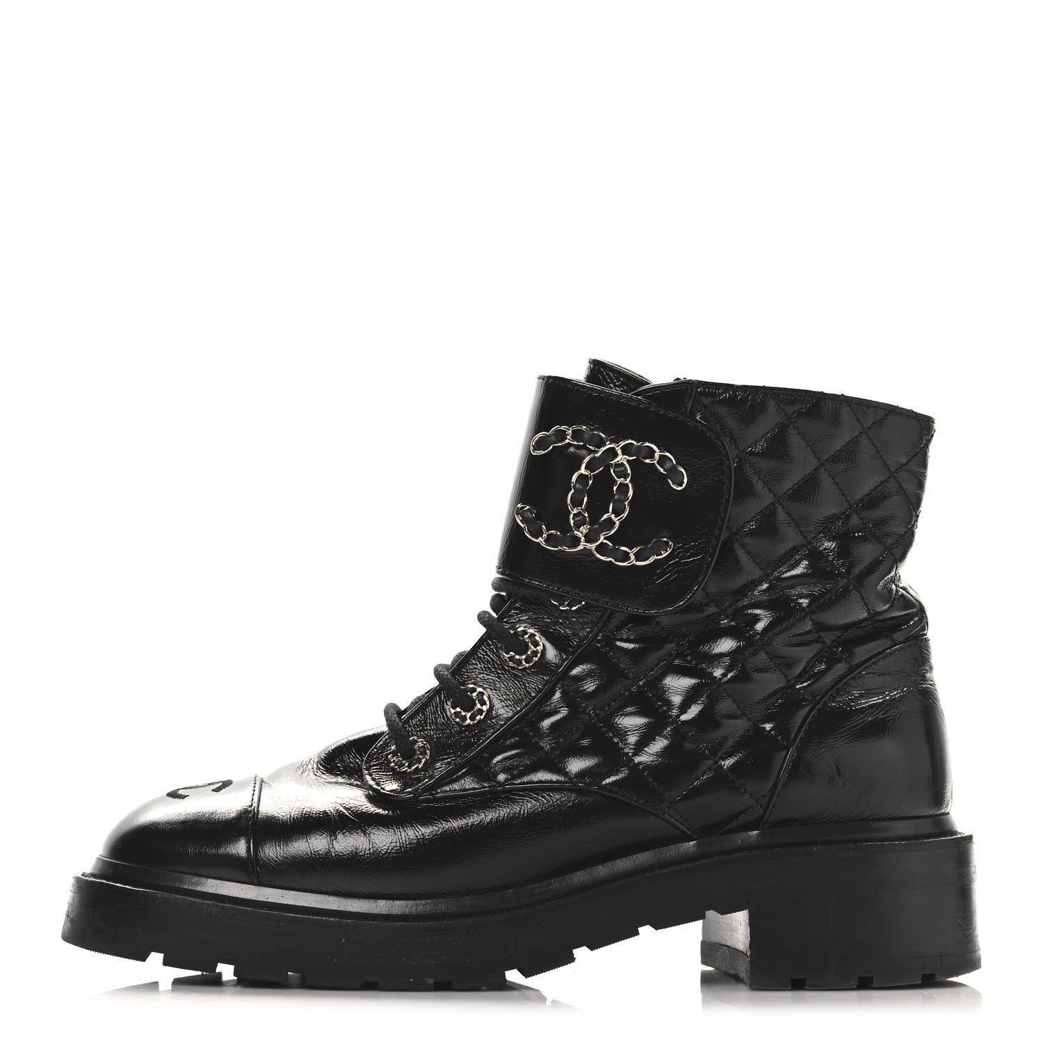 Chanel Crumpled Patent Lambskin Calfskin Quilted Lace Up Combat Boots 39.5 Black 1 of 7