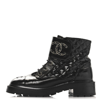Chanel Crumpled Patent Lambskin Calfskin Quilted Lace Up Combat Boots 39.5 Black 1 of 7