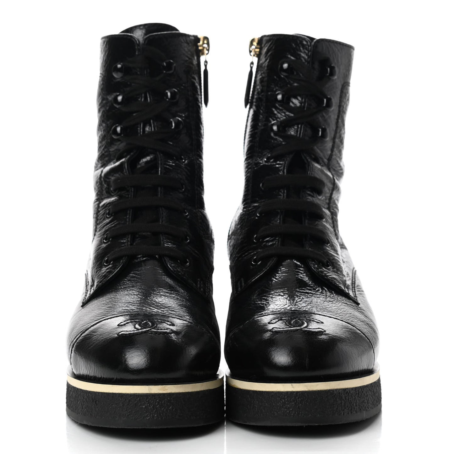 Shiny Crumpled Lambskin Lace Up Combat Boots 37.5 Black