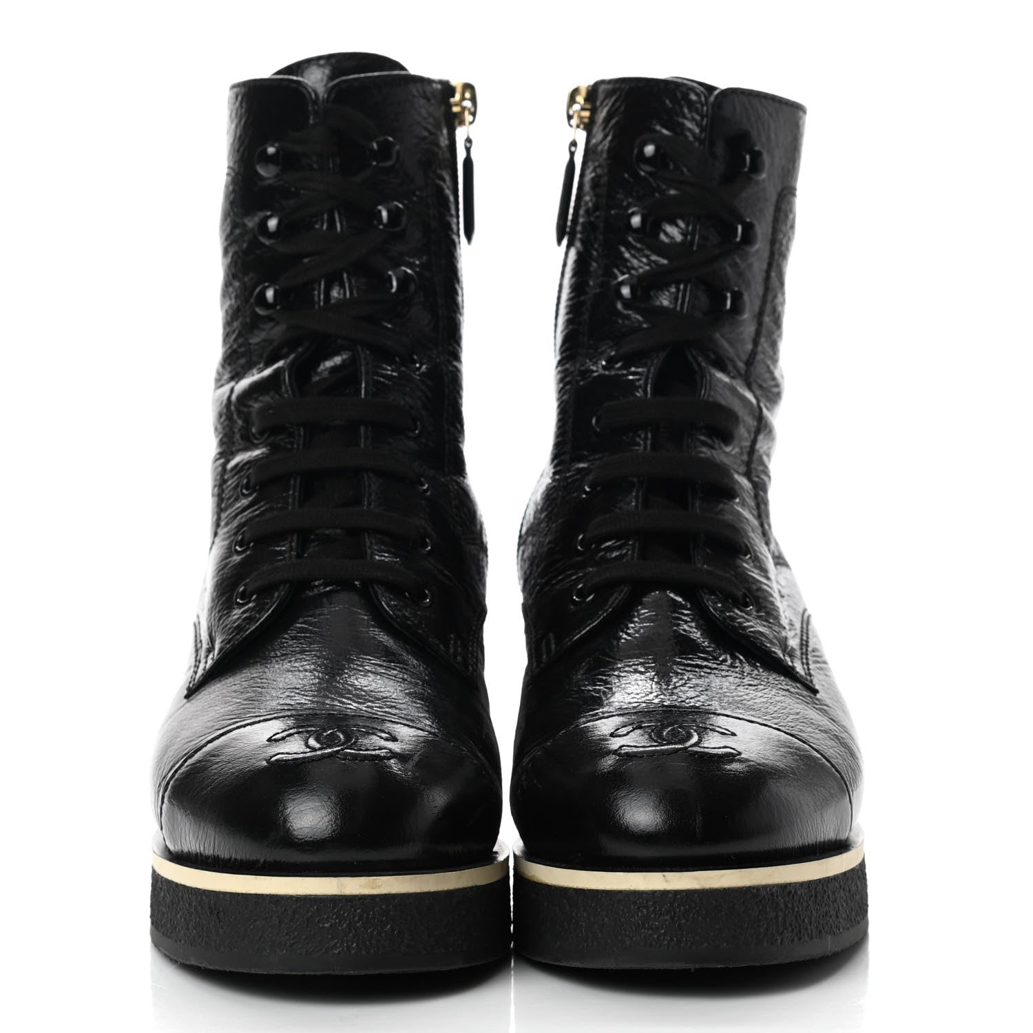 Chanel Shiny Crumpled Lambskin Lace Up Combat Boots 37.5 Black 2 of 9