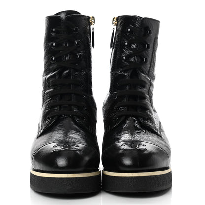 Chanel Shiny Crumpled Lambskin Lace Up Combat Boots 37.5 Black 2 of 9