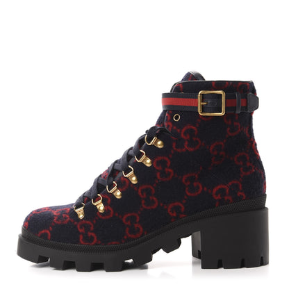 Gucci Covered Wool Big GG Monogram Womens Lace Up Combat Ankle Boots 42 Blue Red 1 of 10
