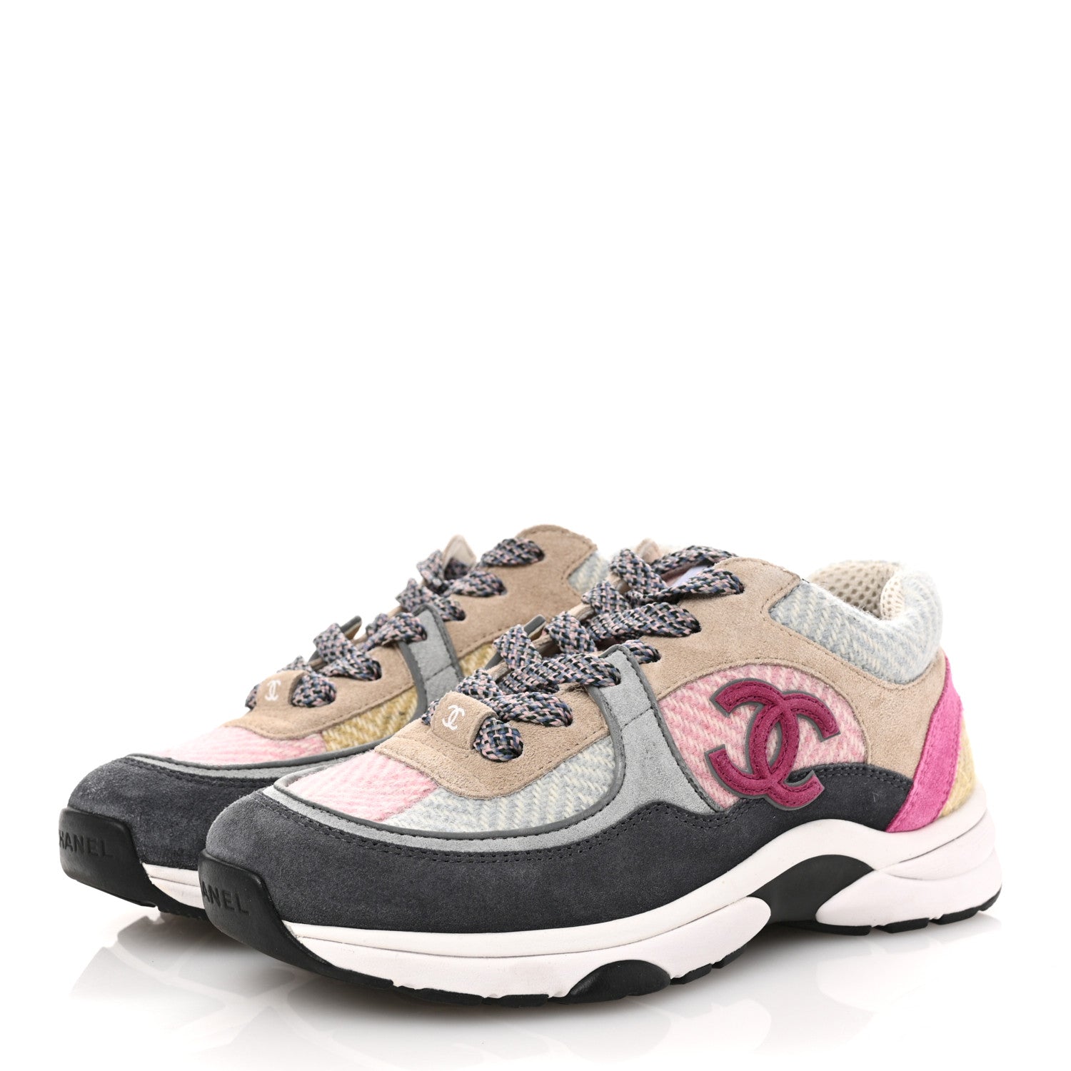 CHANEL スニーカー レディース 36 Chanel Fabric Suede Calfskin CC Sneakers 36 Pink Beige Multicolor