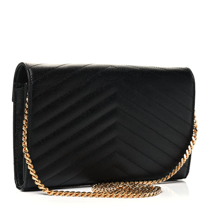 Saint Laurent Grain De Poudre Matelasse Chevron Monogram Chain Wallet Black 2 of 4
