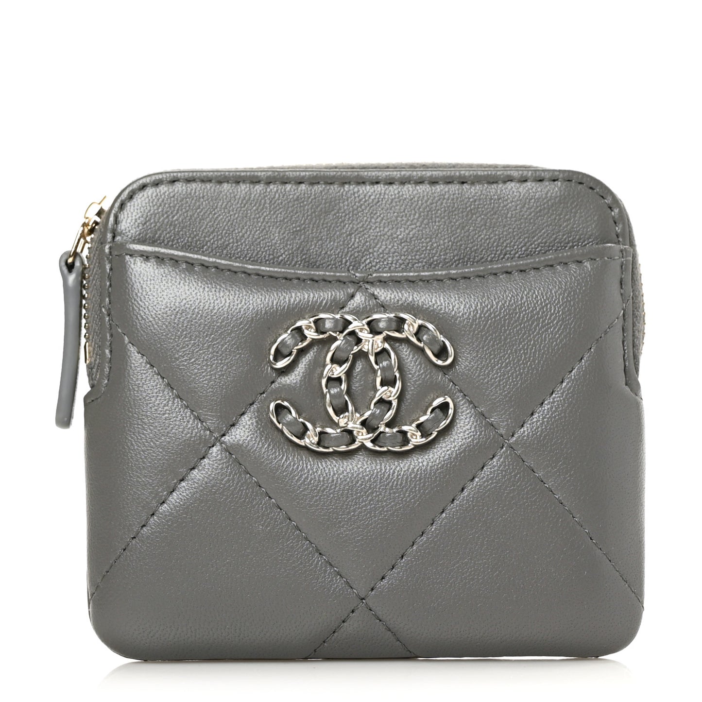 Lambskin Quilted Chanel 19 Zip Card Holder Wallet Grey