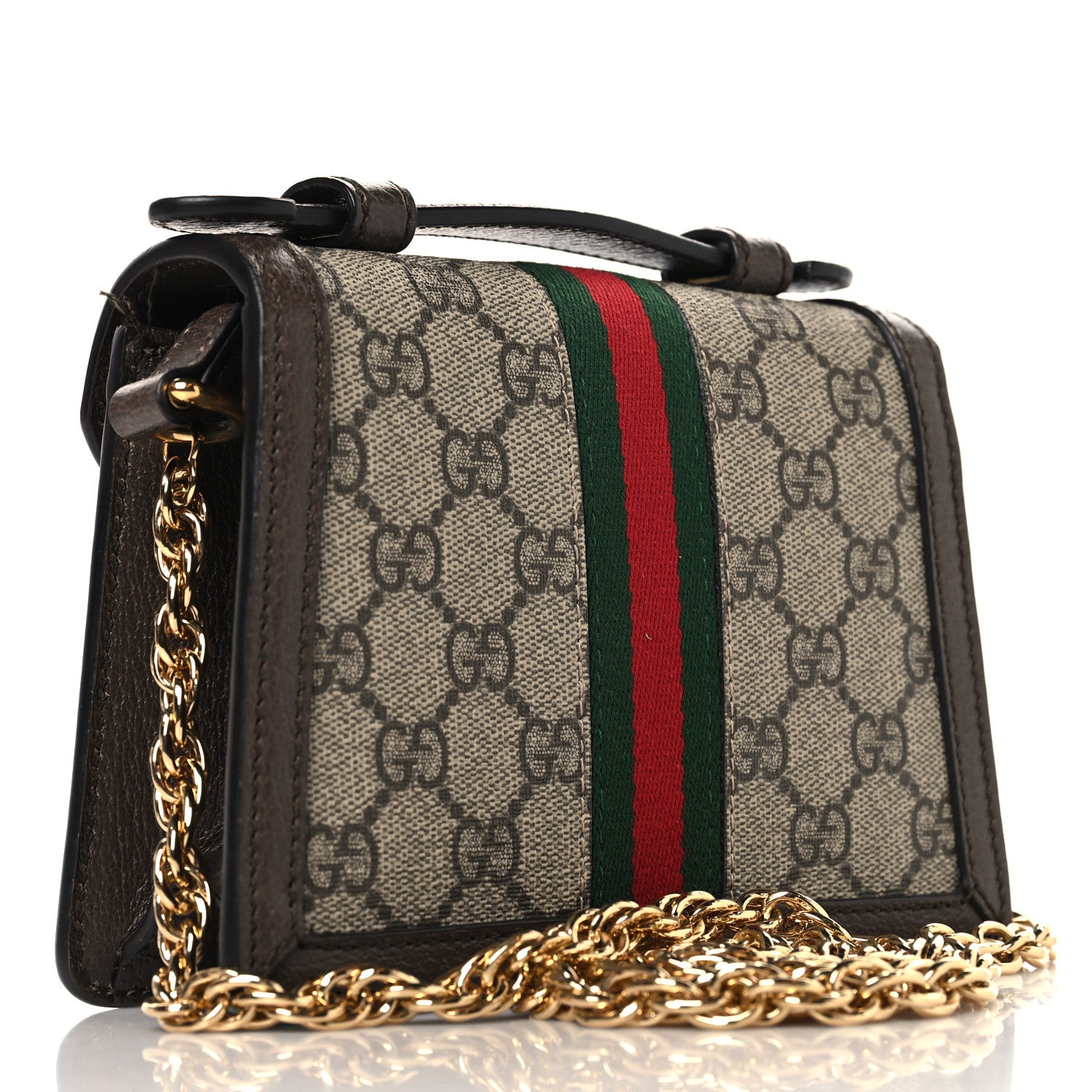 Gucci GG Supreme Monogram Textured Dollar Calfskin Web Mini Ophidia Padlock Top Handle Chain Shoulder Bag Beige Ebony New Acero 3 of 12